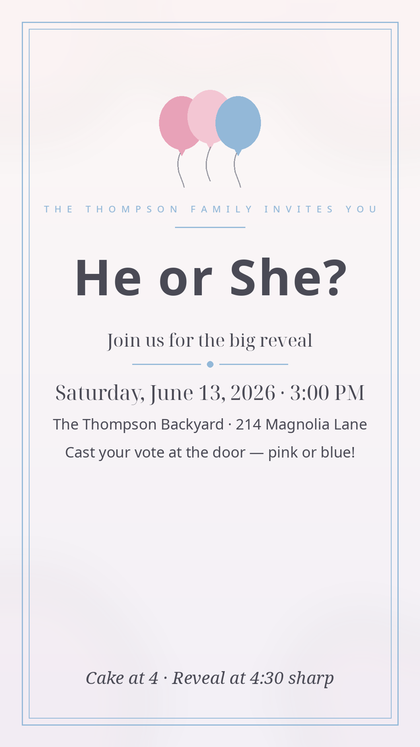 He or She party invitation card template with date, place and vote-at-the-door wording