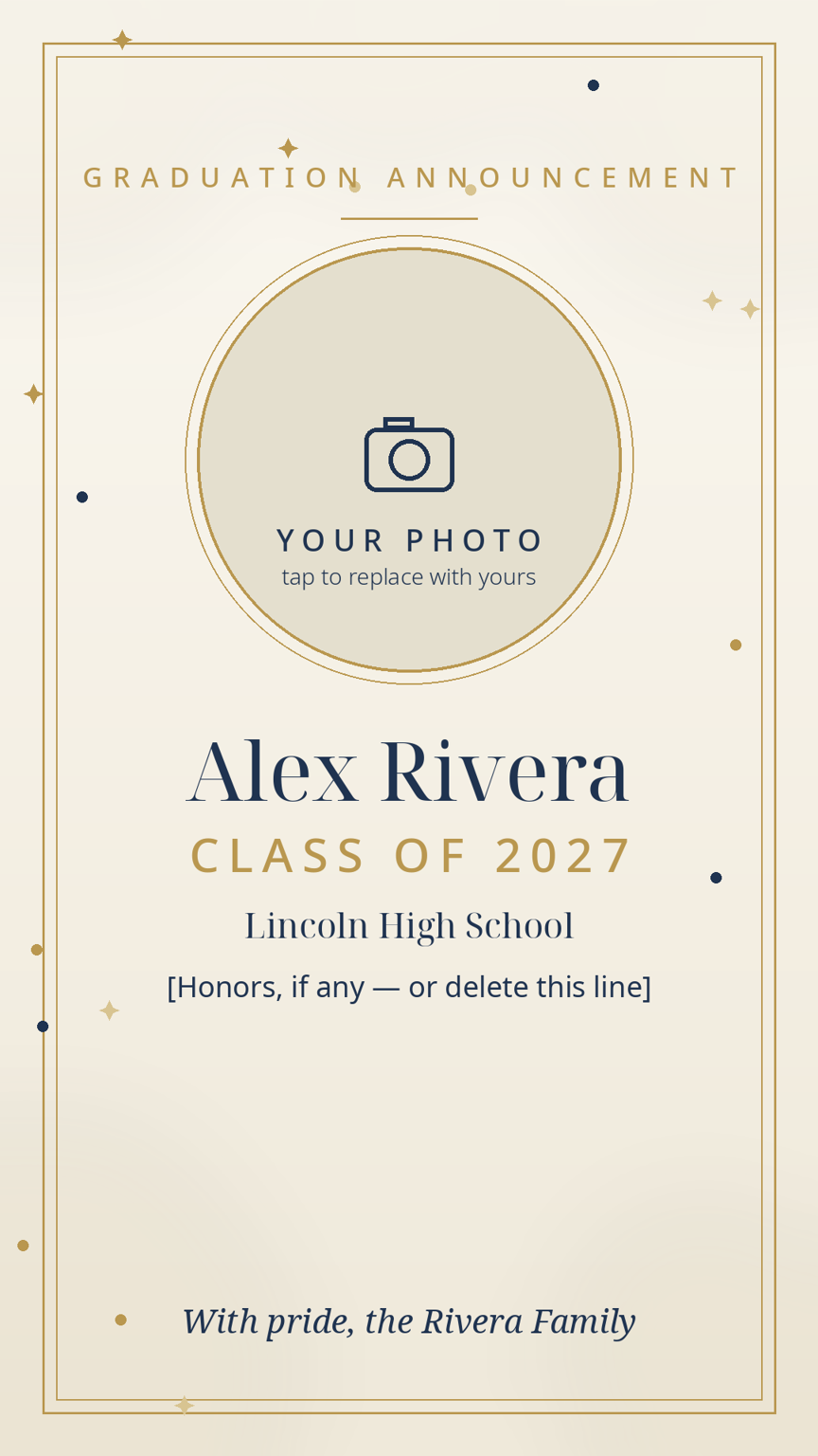 Graduation announcement card template — photo, graduate's name, Class of 2027, school and honors line