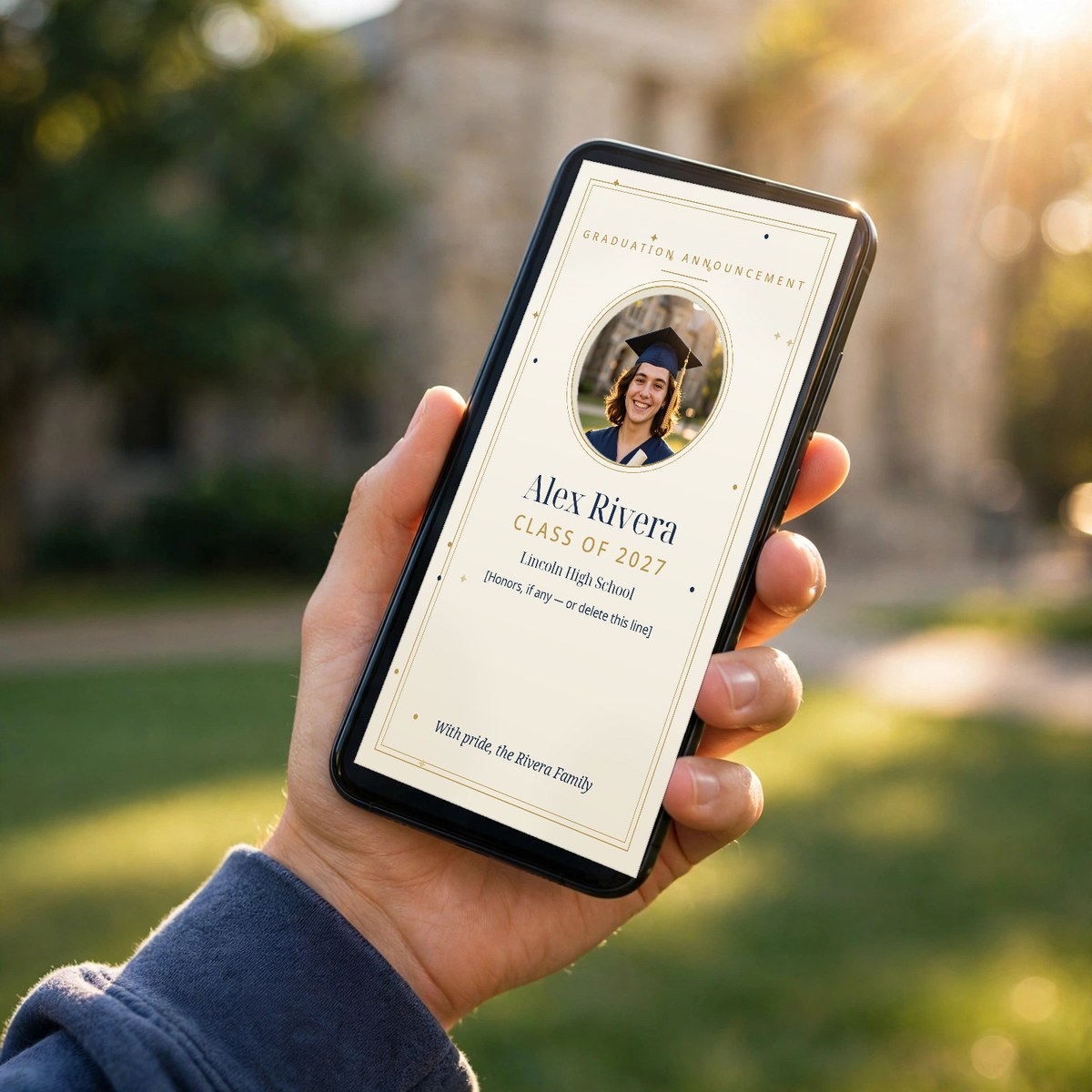 Hand holding a phone showing a navy and gold graduation announcement with a graduate's photo and Class of 2027, graduates celebrating behind
