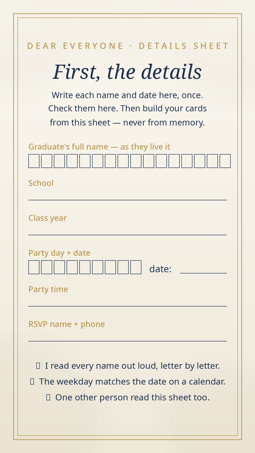 The suite's details sheet — letter-boxed name and date fields with a weekday check