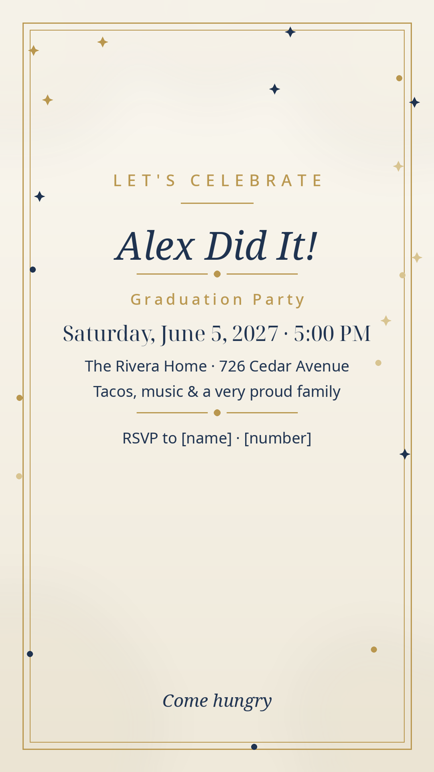 Graduation party invitation card template — date, time, address and RSVP wording