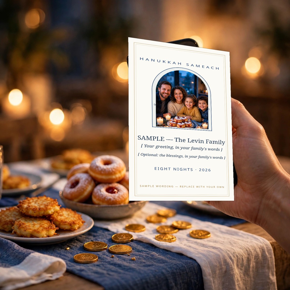 Hand holding a phone showing a Hanukkah greeting card with the family's own photo and greeting, their hanukkiah's candles glowing behind it