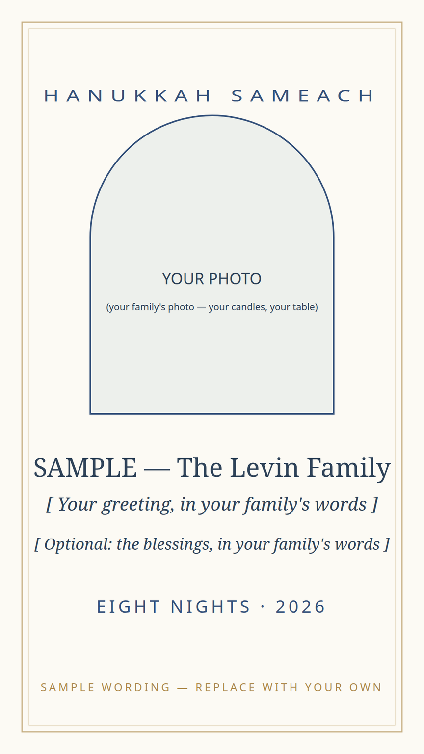 Hanukkah greeting card template — photo placeholder, family greeting in their own words, and the year