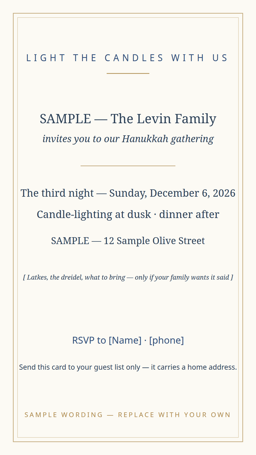 Hanukkah gathering invitation card template — which night, time, place, and RSVP lines