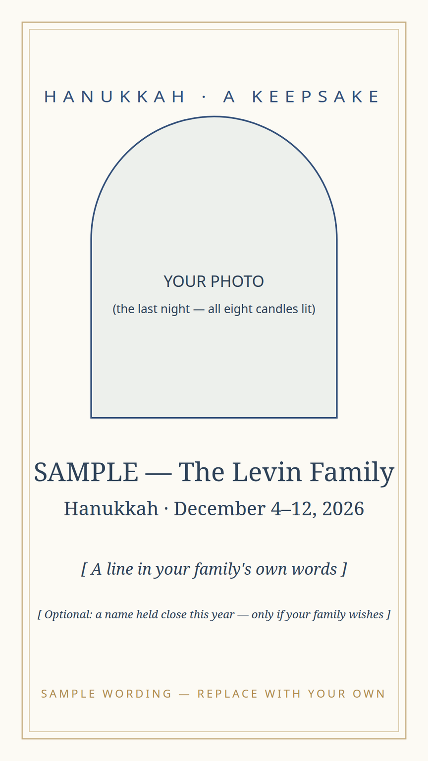 Hanukkah keepsake card template — this year's photo and a line in the family's own words