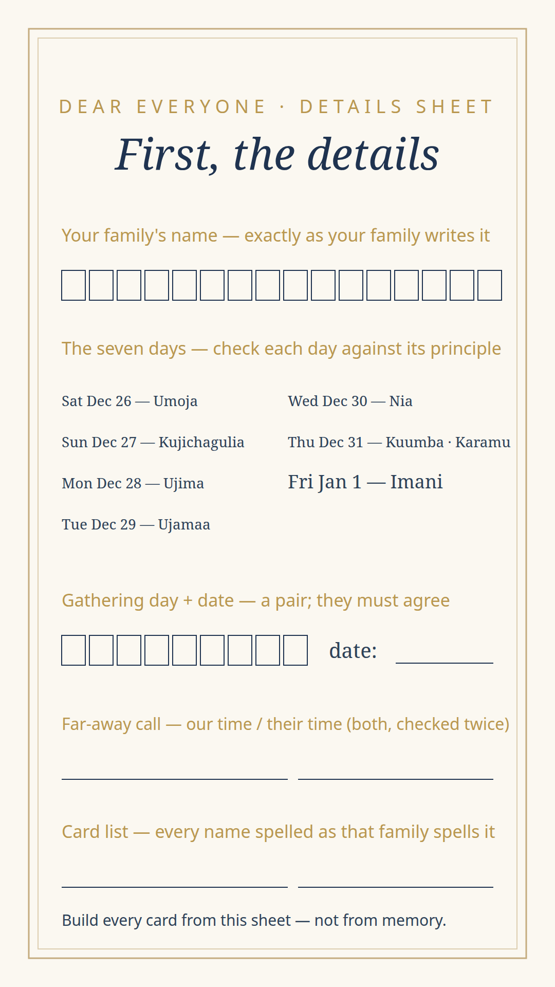 The suite's details sheet — letter-boxed name and date fields with a weekday check