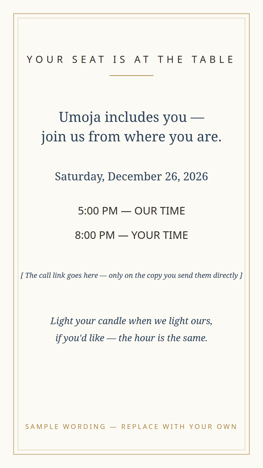 Far-away card template for family joining Kwanzaa by video — the time written in both time zones