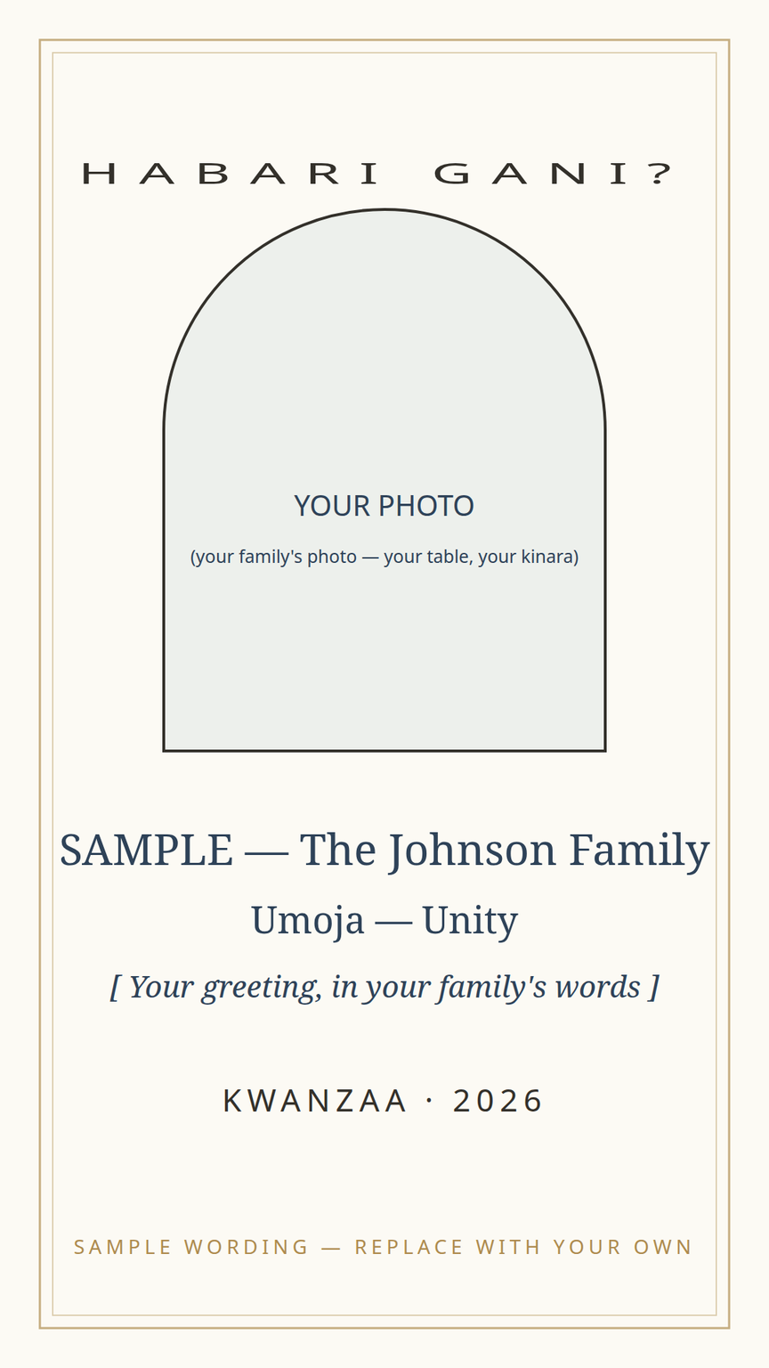 Kwanzaa greeting card template — photo placeholder, family greeting in their own words, and the day's principle named