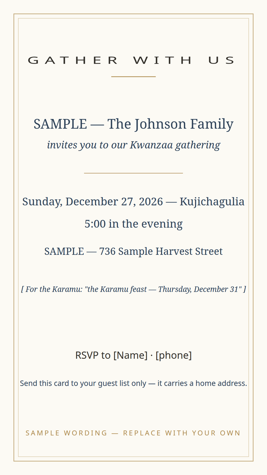 Kwanzaa gathering and Karamu invitation card template — day and its principle, time, place, and RSVP lines