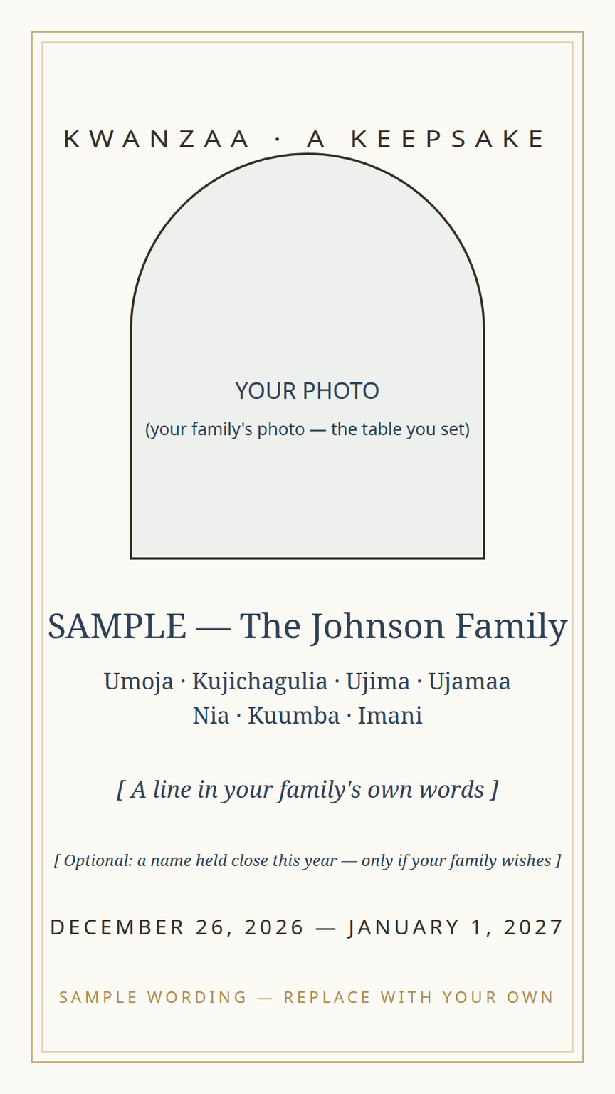Kwanzaa keepsake card template — this year's photo, the seven principles named, and a line in the family's own words