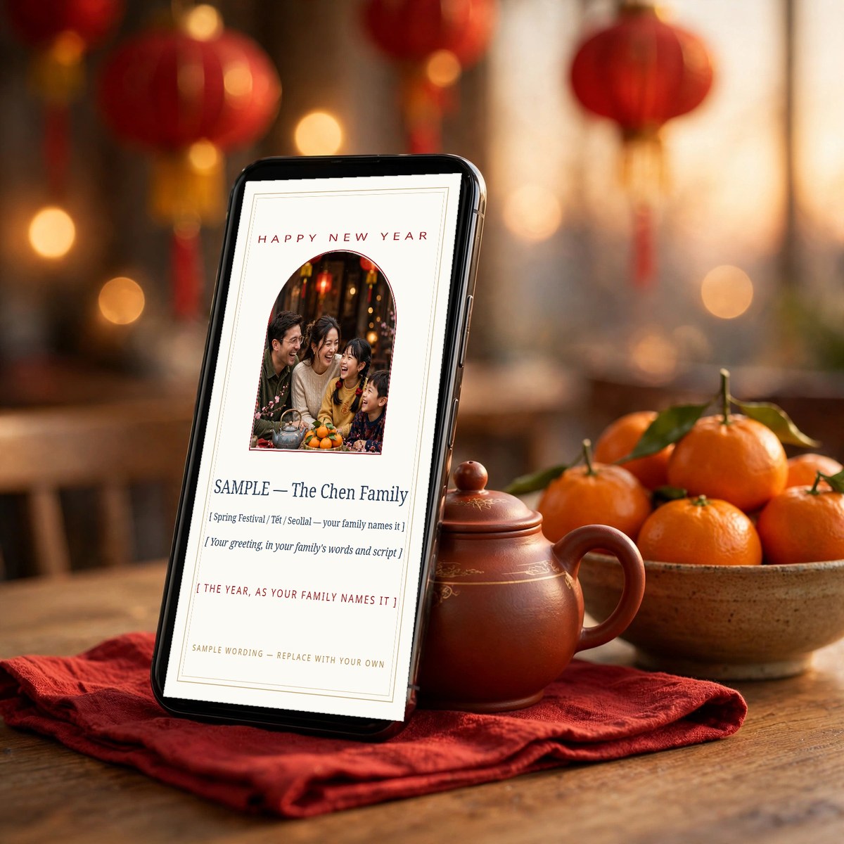 Hand holding a phone showing a Lunar New Year greeting card with the family's own photo and greeting in their own language, the family's reunion dinner table behind them