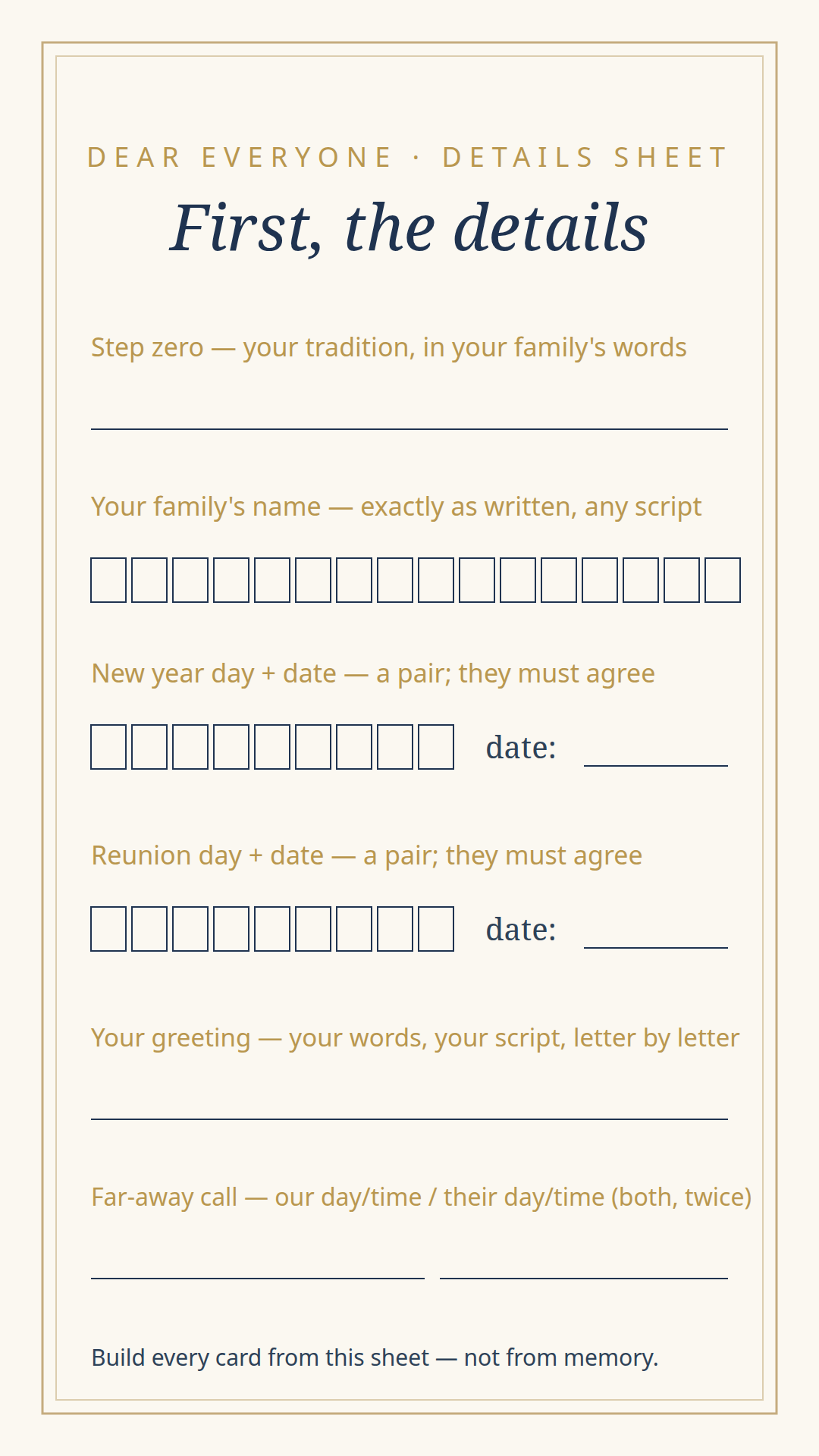 The suite's details sheet — letter-boxed name and date fields with a weekday check