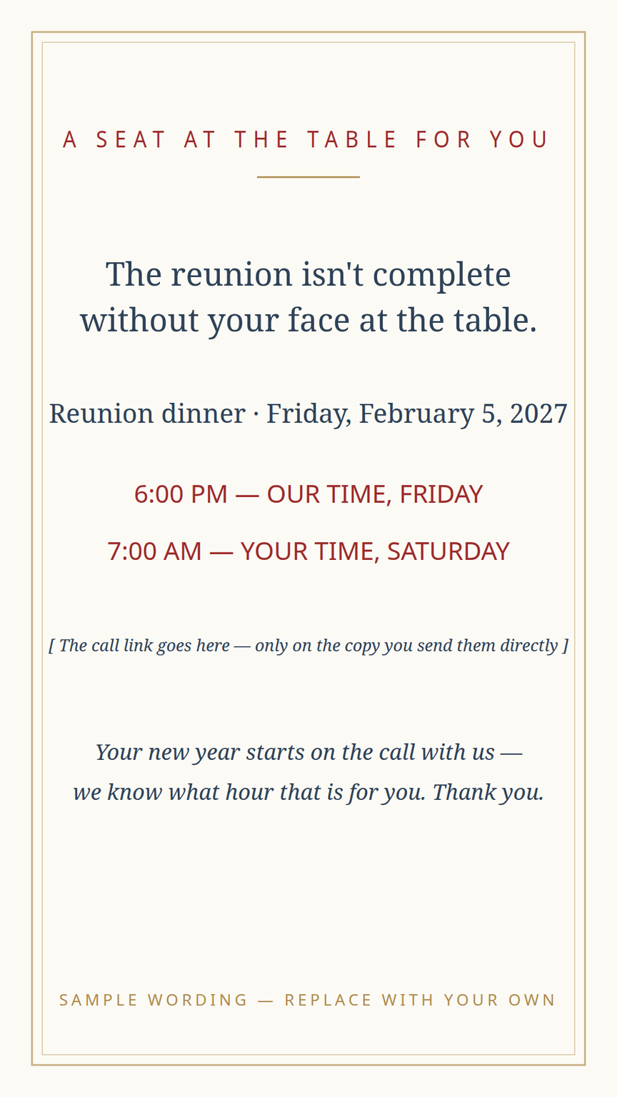 Far-away card template for family joining the reunion dinner by video — the time written in both time zones, and both days when the date line crosses