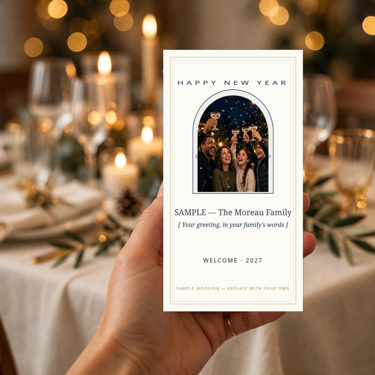 Hand holding a phone showing a New Year greeting card with the family's own photo and greeting, the family's table set for New Year's Eve behind them