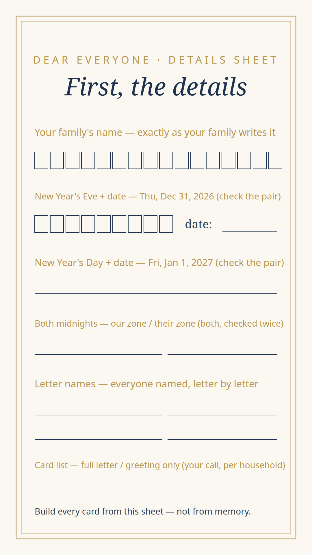 The suite's details sheet — letter-boxed name and date fields with a weekday check