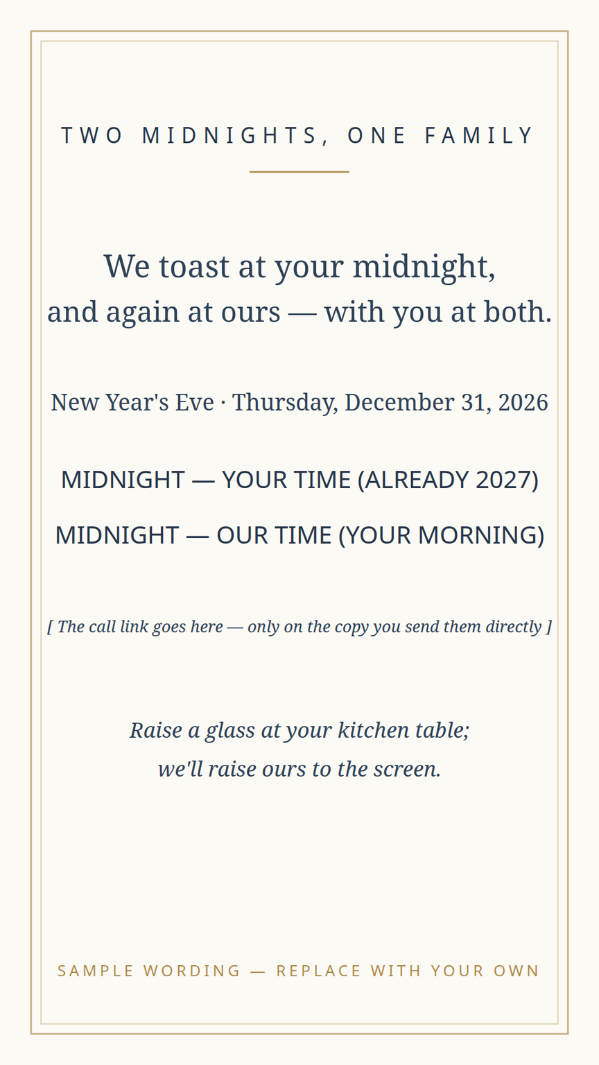 Far-away card template for the rolling midnight — both midnights written in both time zones