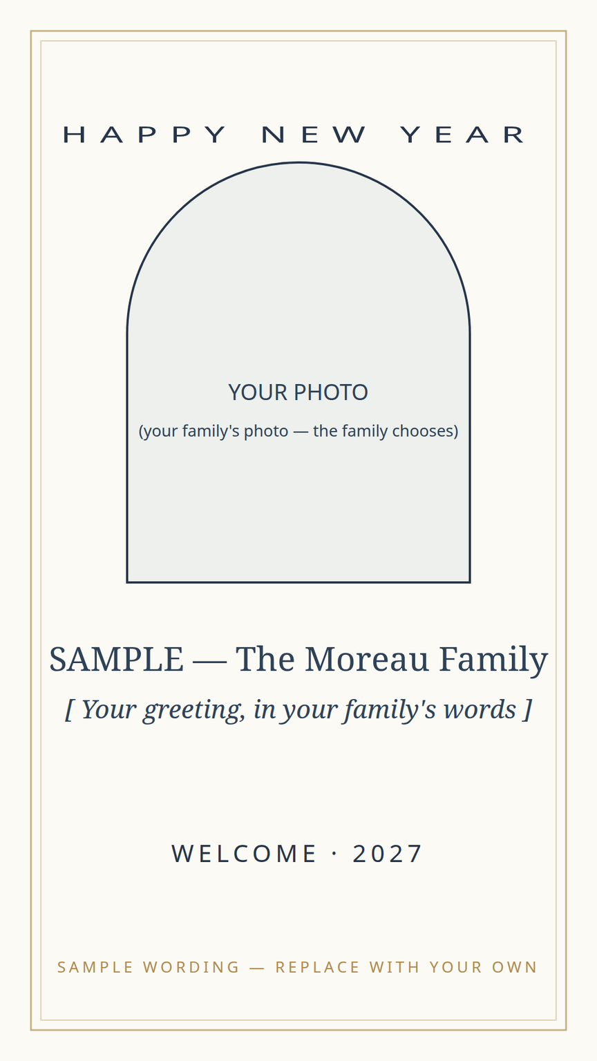 New Year greeting card template — photo placeholder, family greeting in their own words, and the new year
