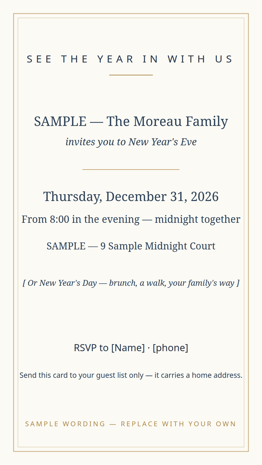 Gathering invitation card template — New Year's Eve or New Year's Day, time, place, and RSVP lines