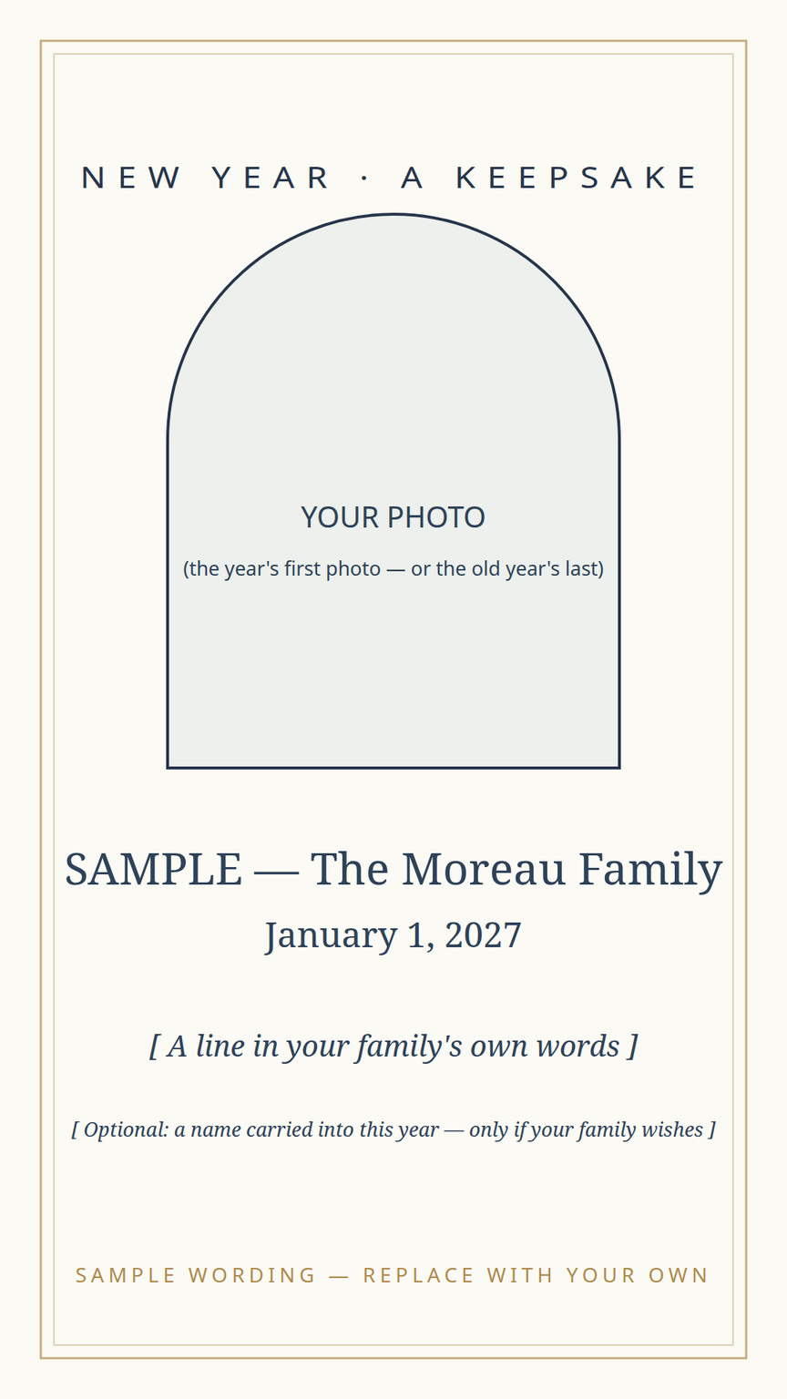 Keepsake card template — the year's first photo and a line in the family's own words