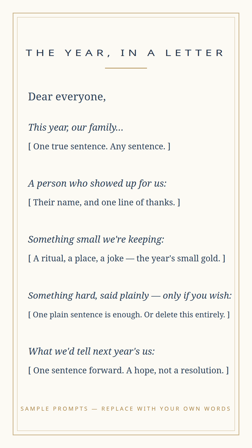 Year-in-review letter card template — a designed letter card built from honest prompts