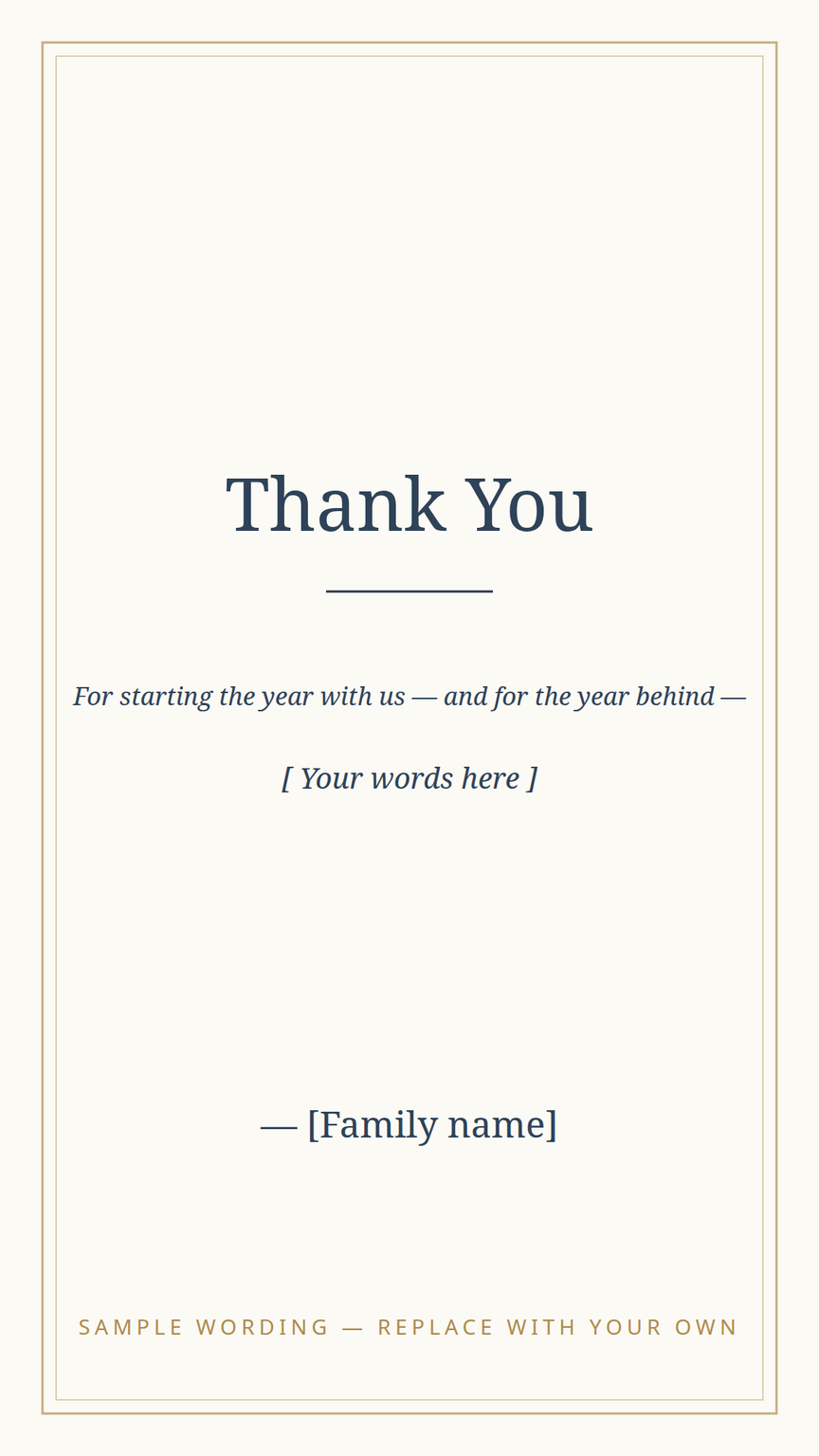 New Year thank-you card template in the matching design