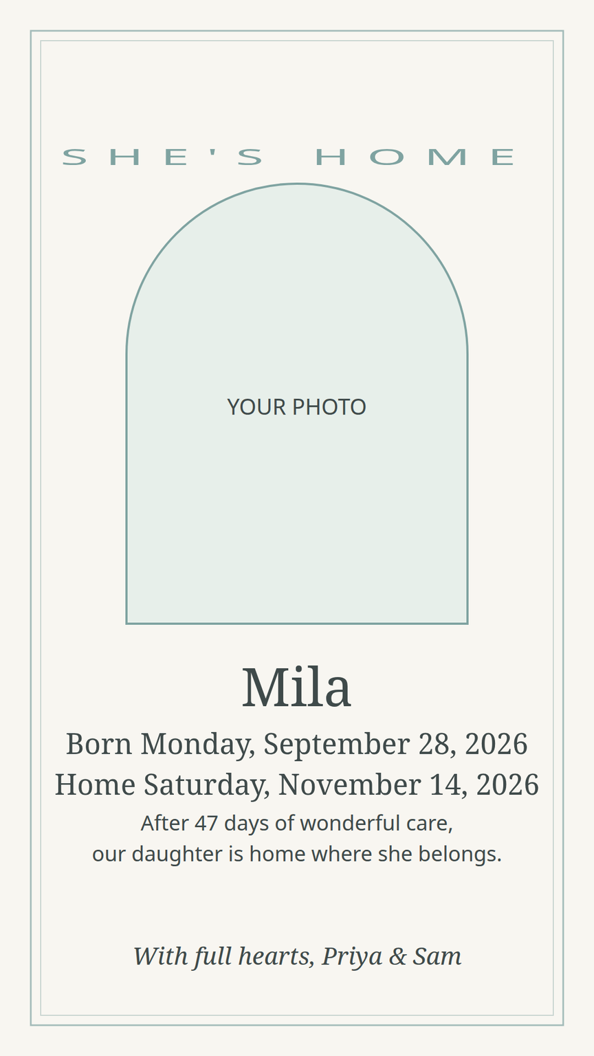 Coming-home announcement card template — photo placeholder, baby's name, born date and homecoming date side by side