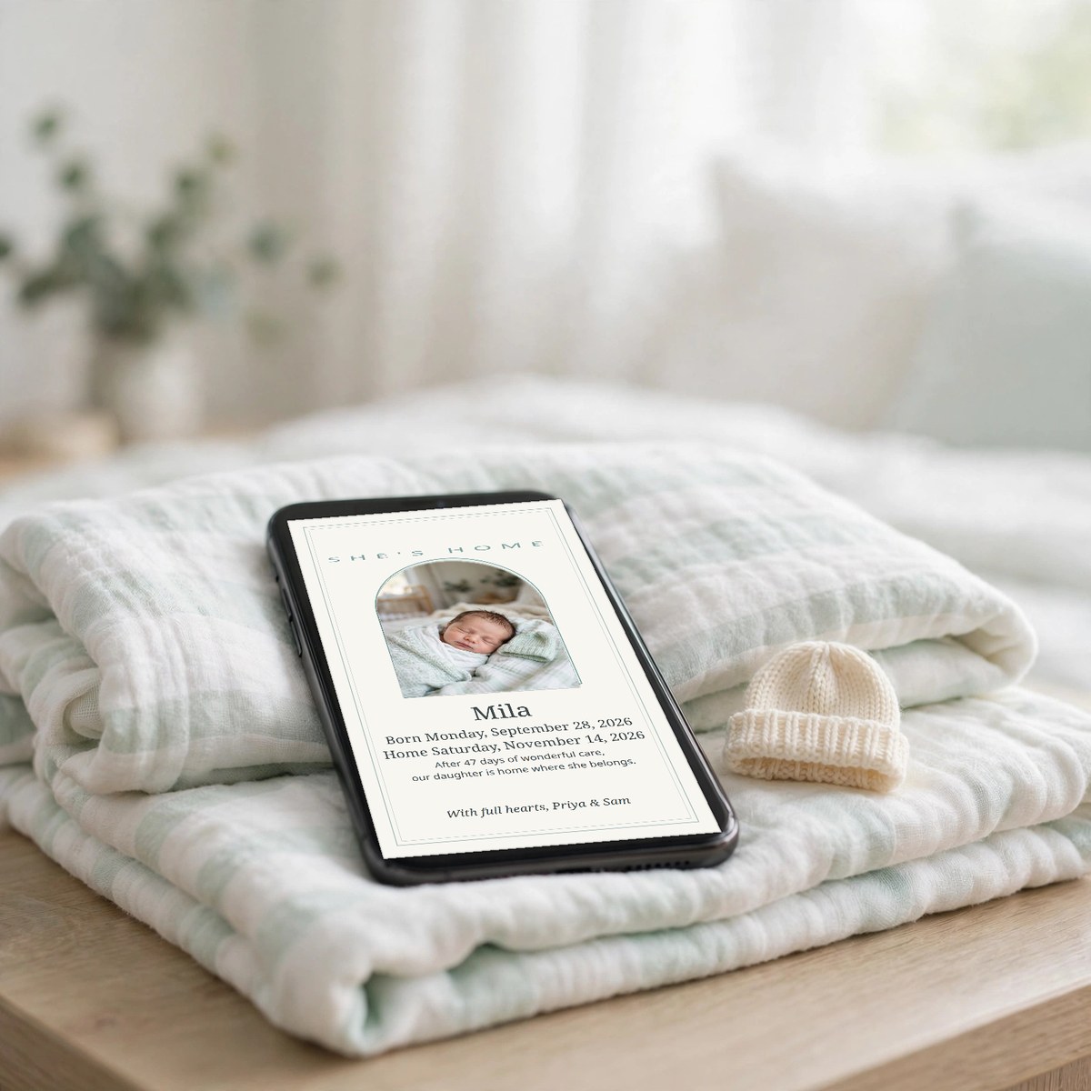 Hand holding a phone showing a soft teal coming-home announcement with a baby's name and homecoming date, a folded hospital blanket on the couch beside it at home