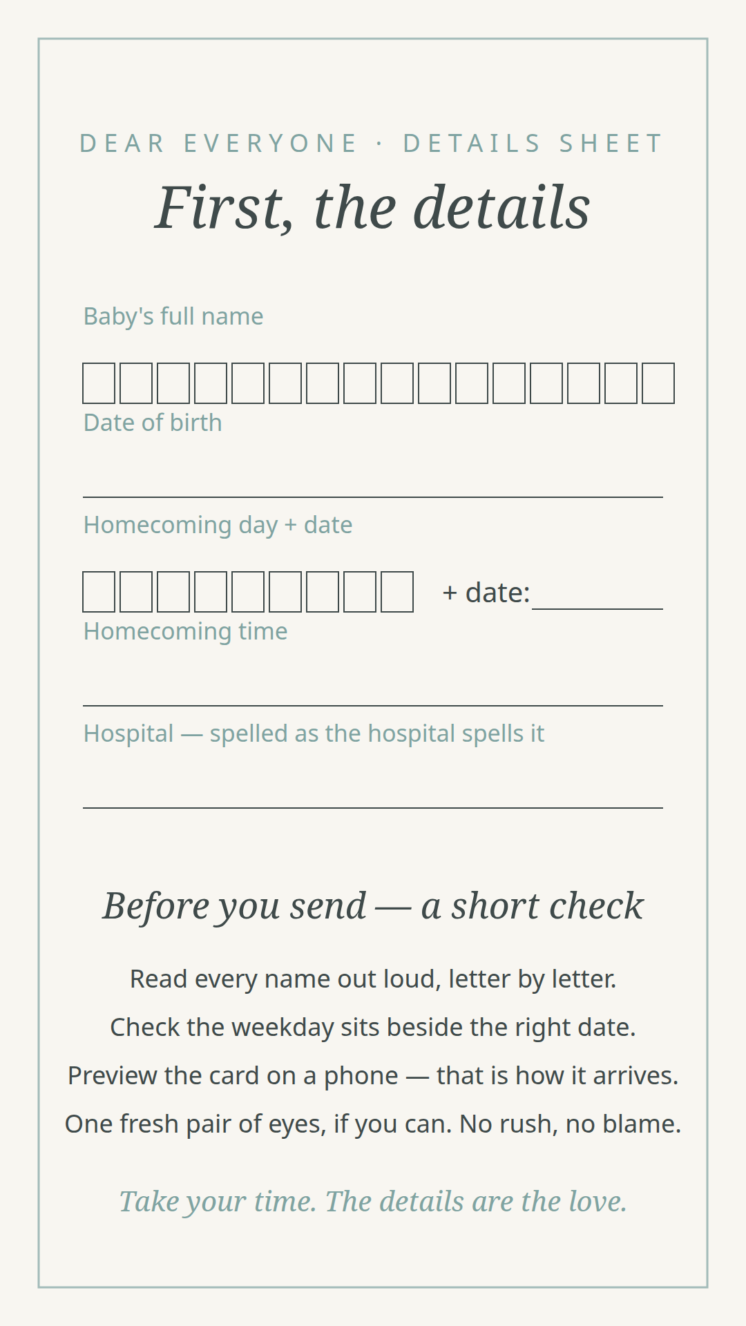 The suite's details sheet — letter-boxed name and date fields with a weekday check