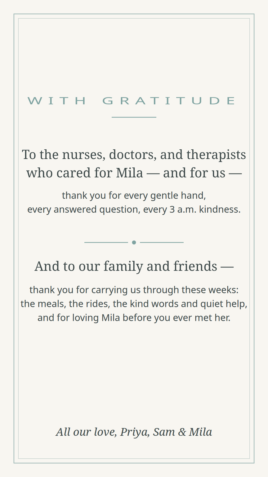 Thank-you card template for the NICU team and the support circle, in the matching design