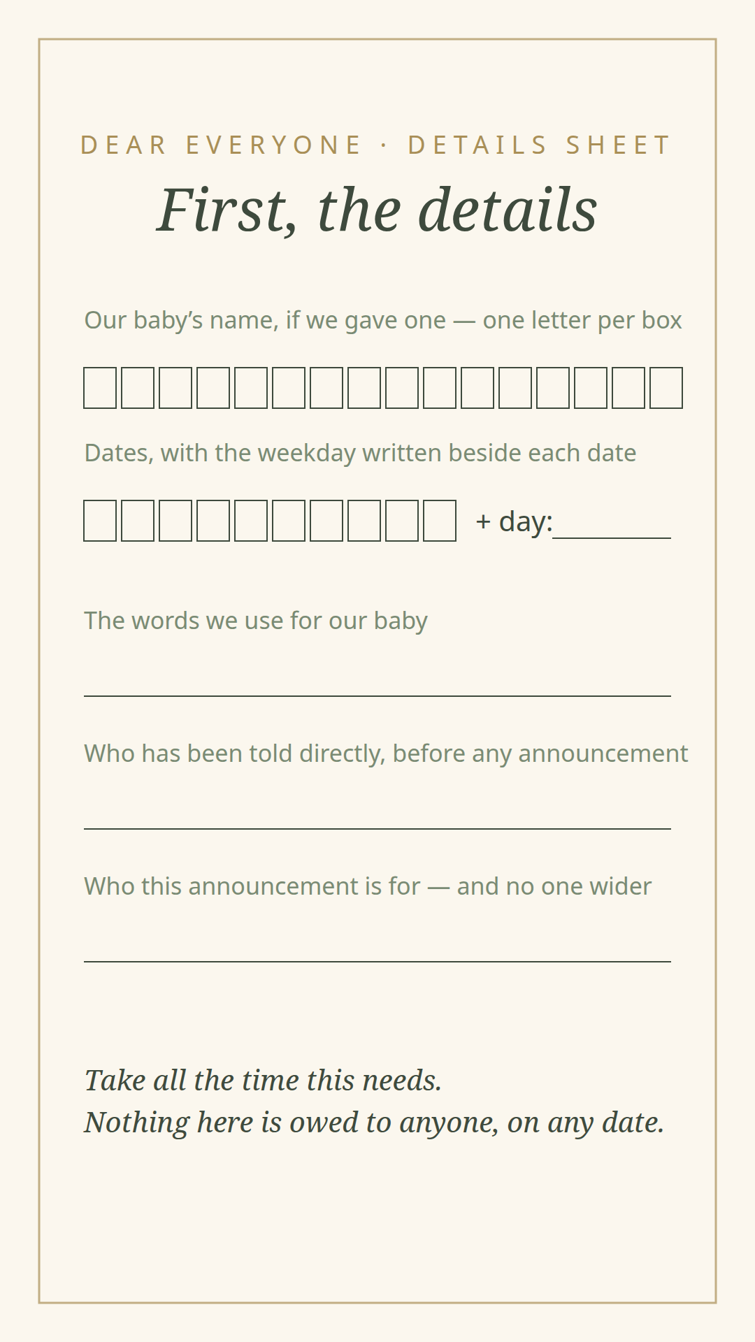 The suite's details sheet — letter-boxed name and date fields with a weekday check