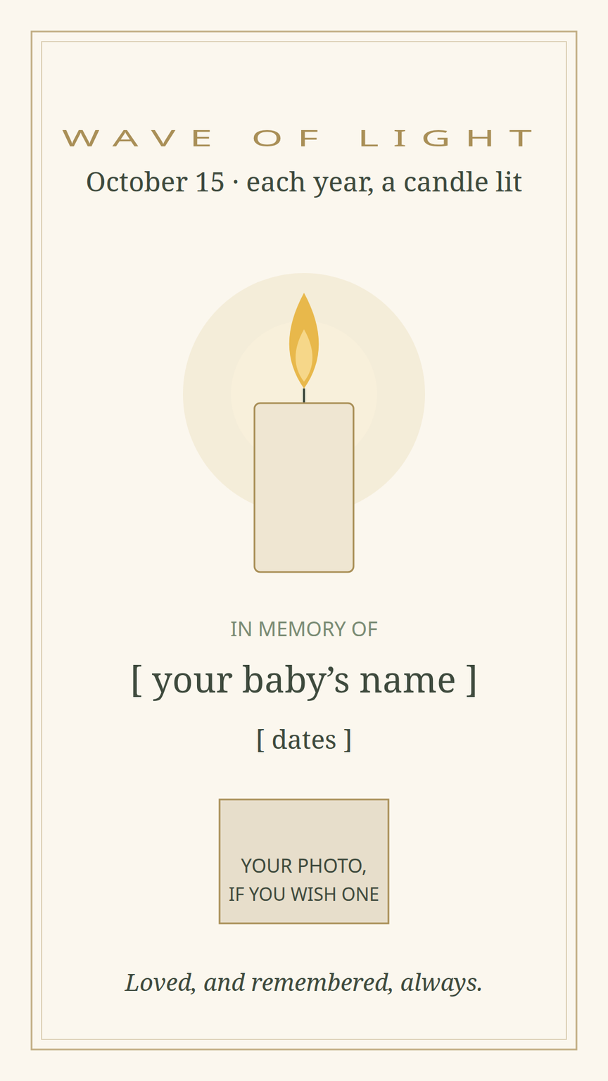 Wave of Light remembrance keepsake card template — a candle lit in memory of a baby who died too soon, with fields for the baby's name and dates