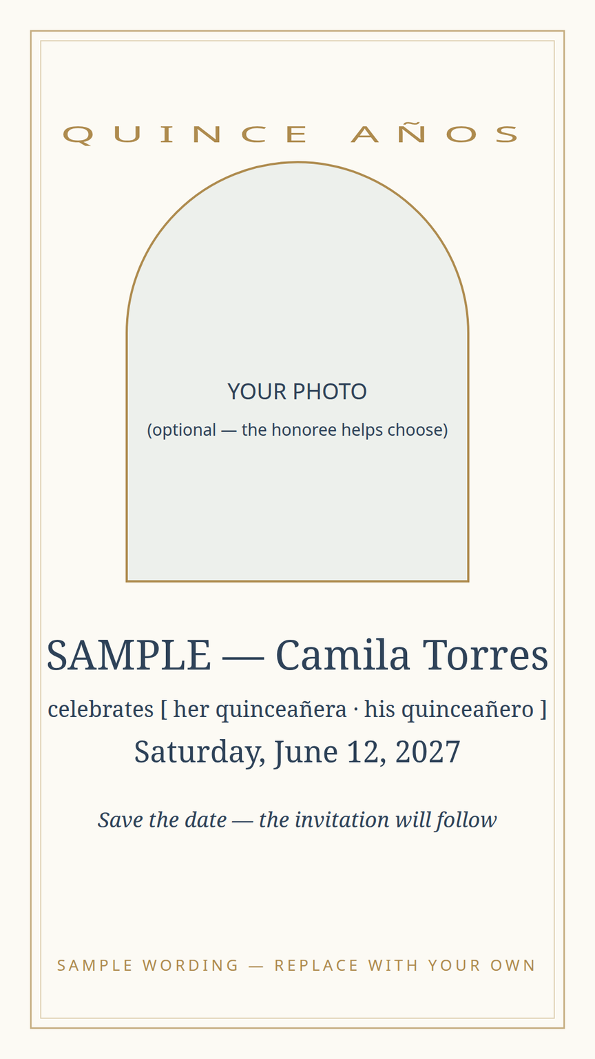 Quinceañera announcement and save-the-date card template — the honoree's name, the day, and a photo