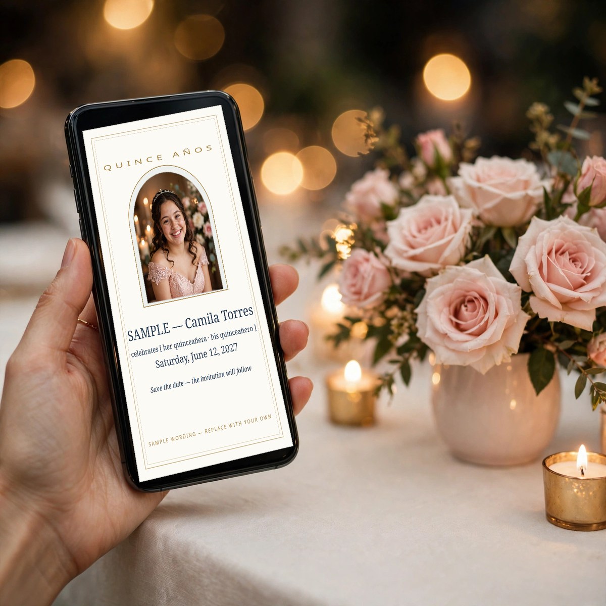 Hand holding a phone showing a quinceañera announcement card with a young woman's photo in a formal gown, her family and court celebrating behind her