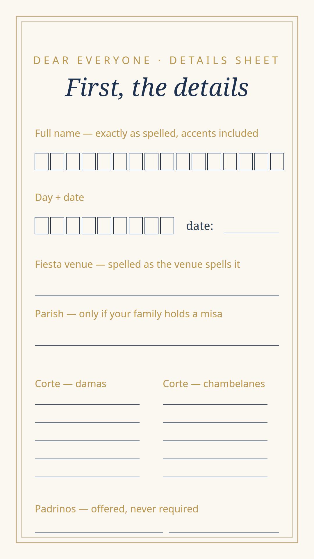 The suite's details sheet — letter-boxed name and date fields with a weekday check