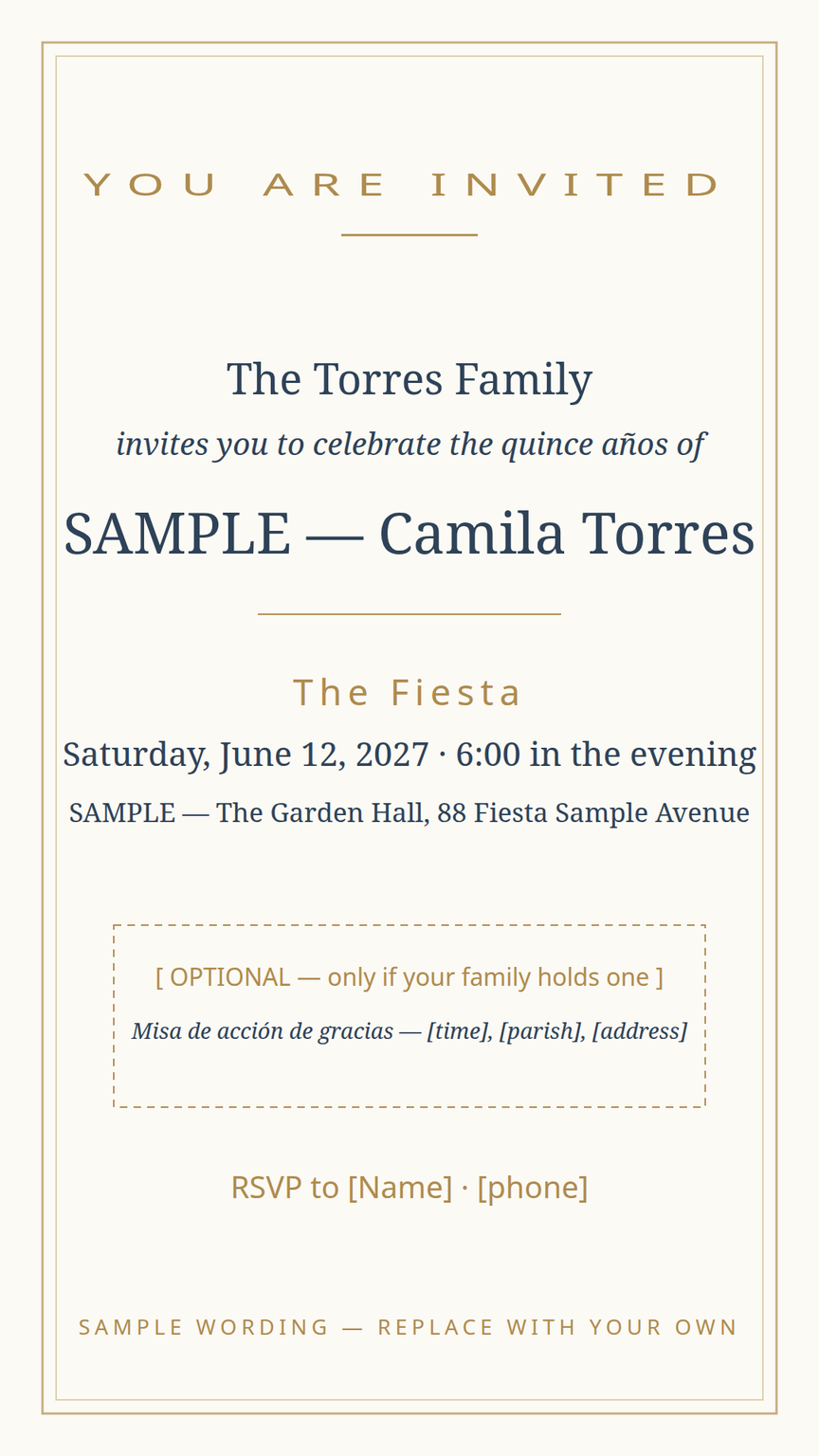 Quinceañera invitation card template — the fiesta details in full, with a bracketed, optional misa de acción de gracias block