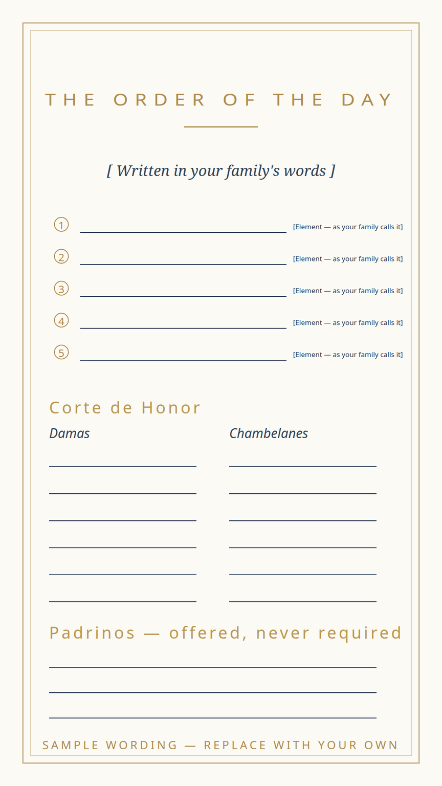 Quinceañera program and keepsake card template — the order of the day, with room for the full corte de honor and padrinos lists