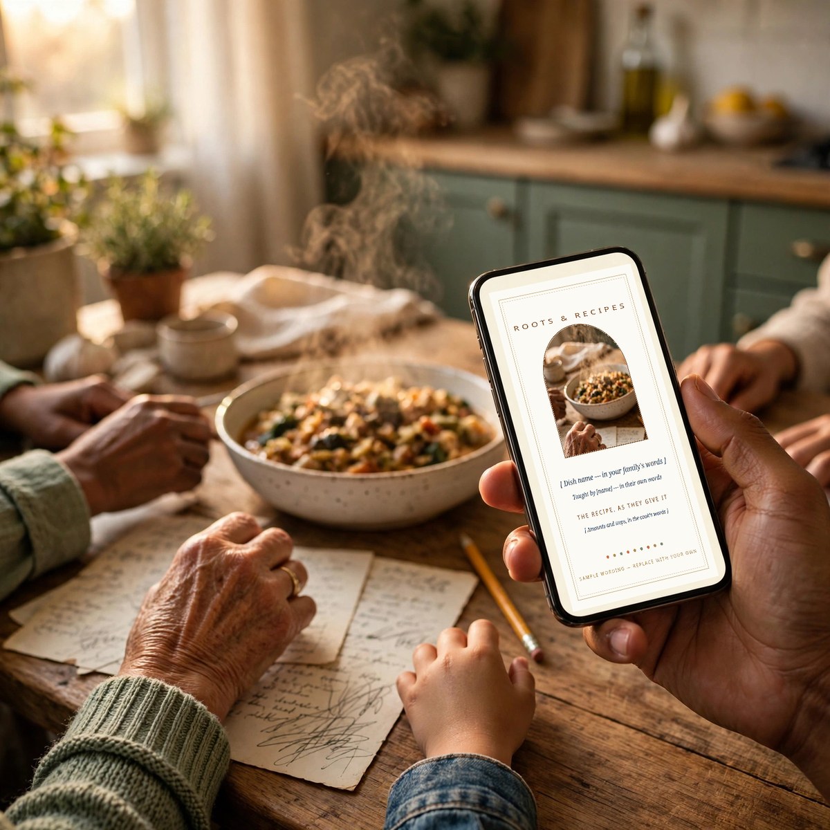 Hand holding a phone showing a Roots & Recipes keepsake card with a family's own dish photo, a warm kitchen table with a shared family dish and recipe cards behind it
