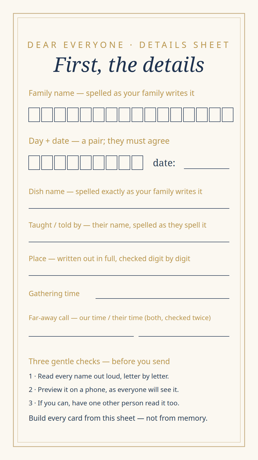 The suite's details sheet — letter-boxed name and date fields with a weekday check
