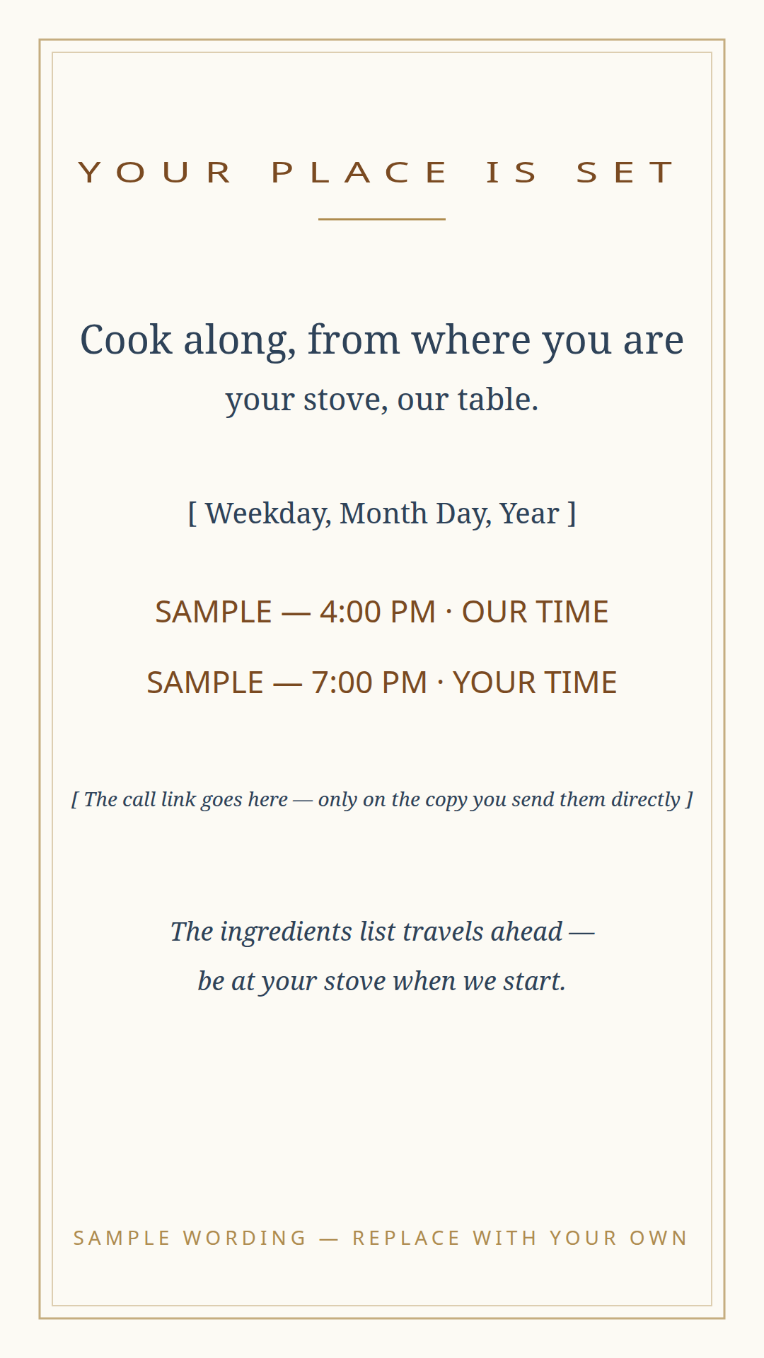 Far-away card template for family cooking along by video — the gathering time written in both time zones