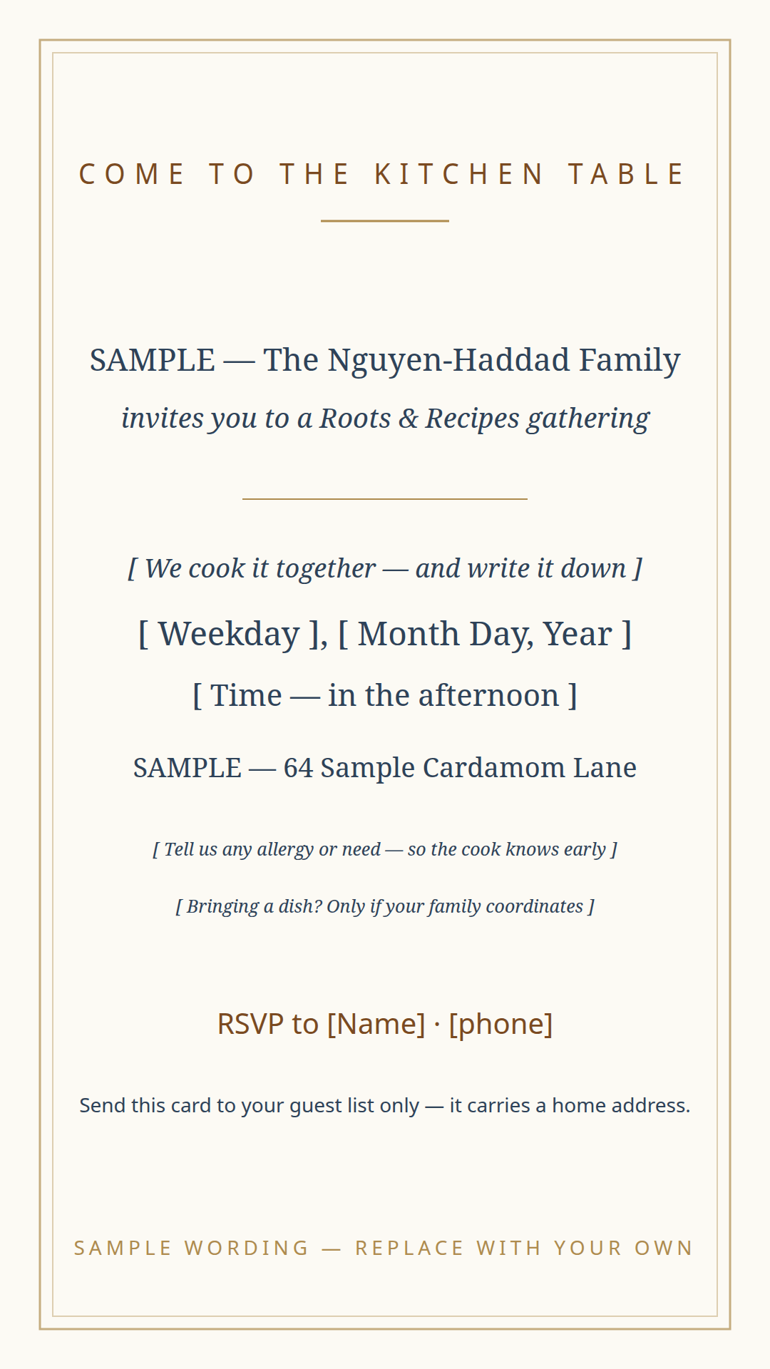Roots & Recipes gathering invitation card template — date, time, place, allergy line, and RSVP lines