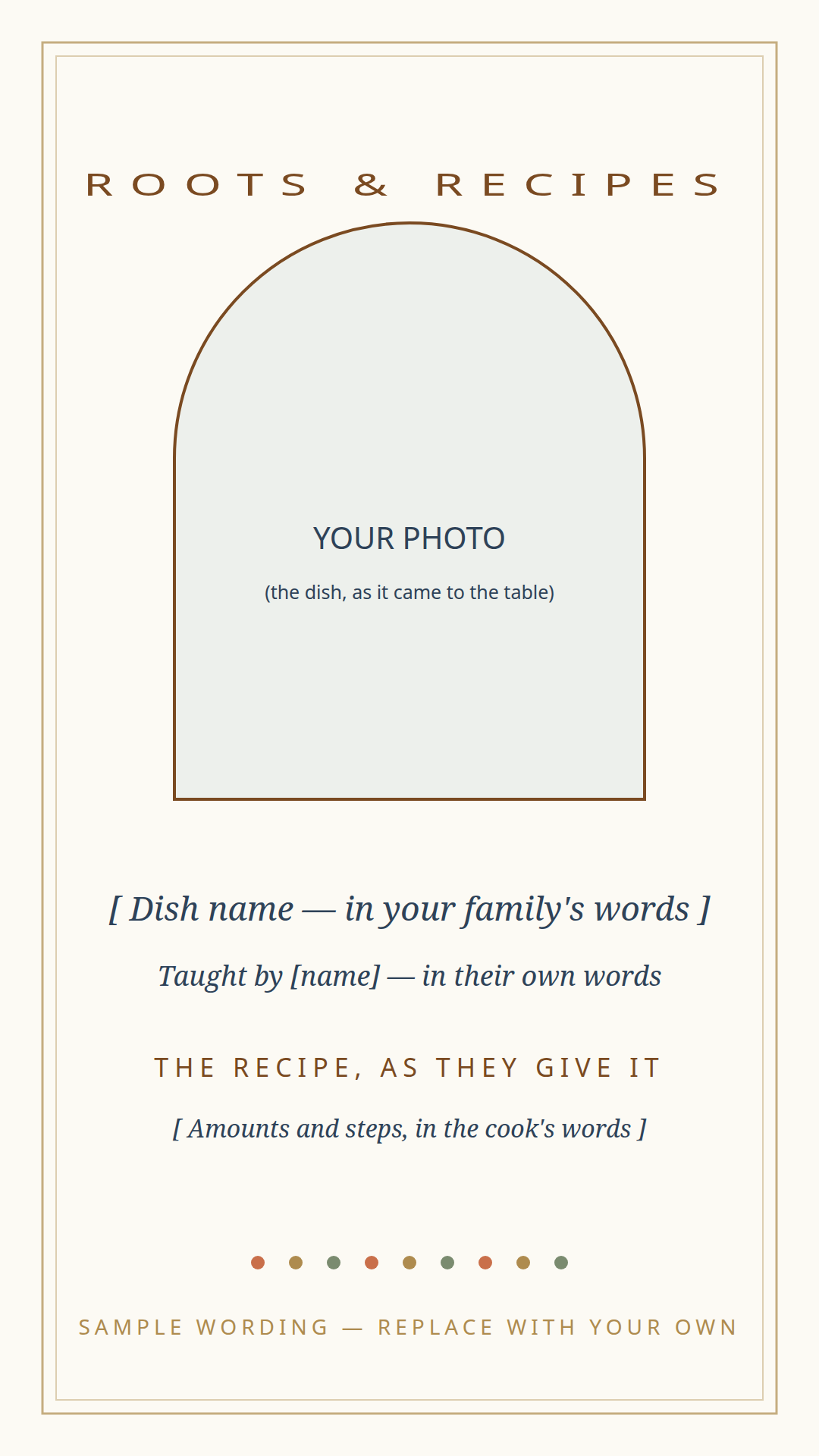 Recipe keepsake card template — photo placeholder, the dish's name in the family's words, and the recipe in the cook's own words