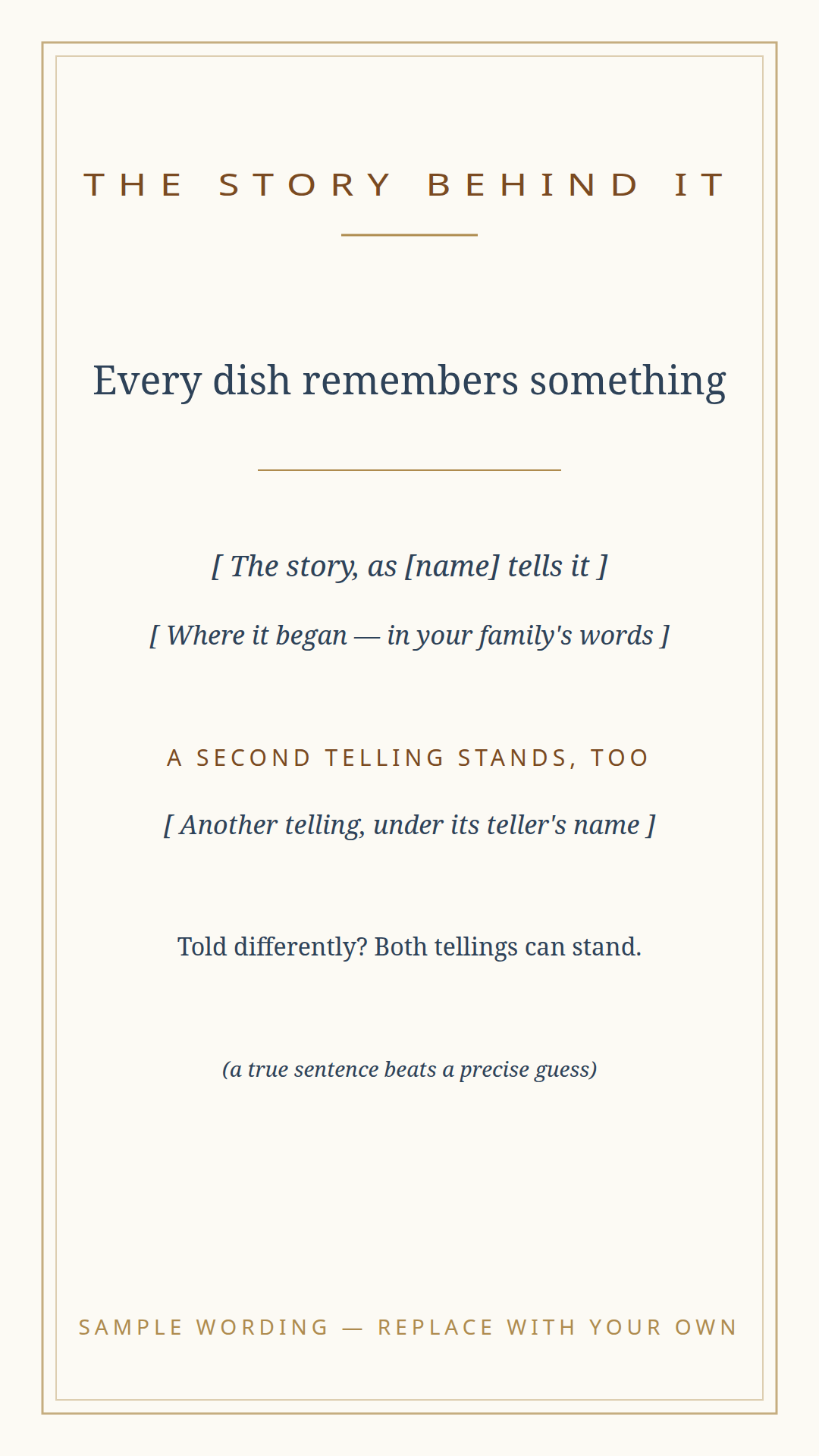 Story keepsake card template — the story behind the dish, as the teller tells it, with room for a second telling