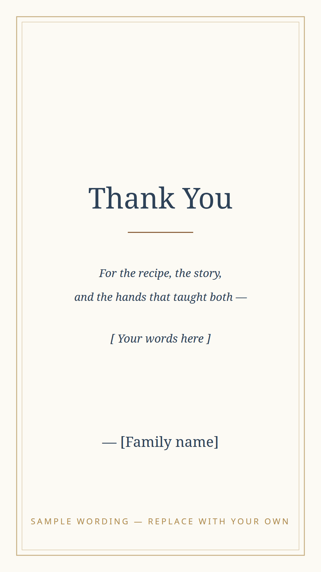 Roots & Recipes thank-you card template — for the cook, the teller, and everyone who helped, in the matching design