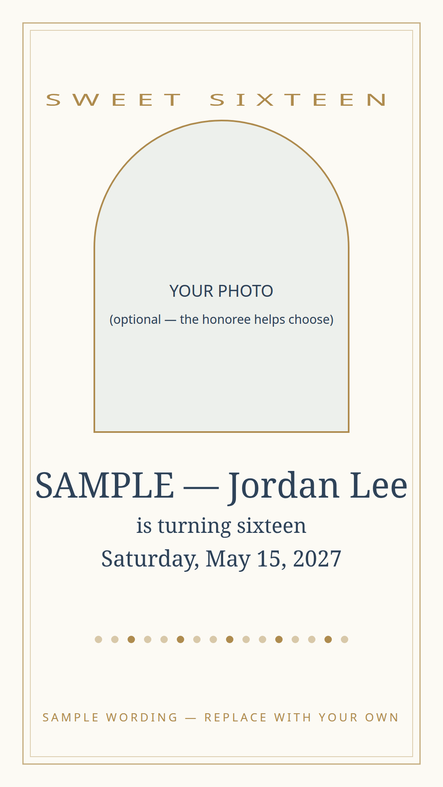 Sweet 16 announcement card template — the birthday teen's name, the big day, and a photo