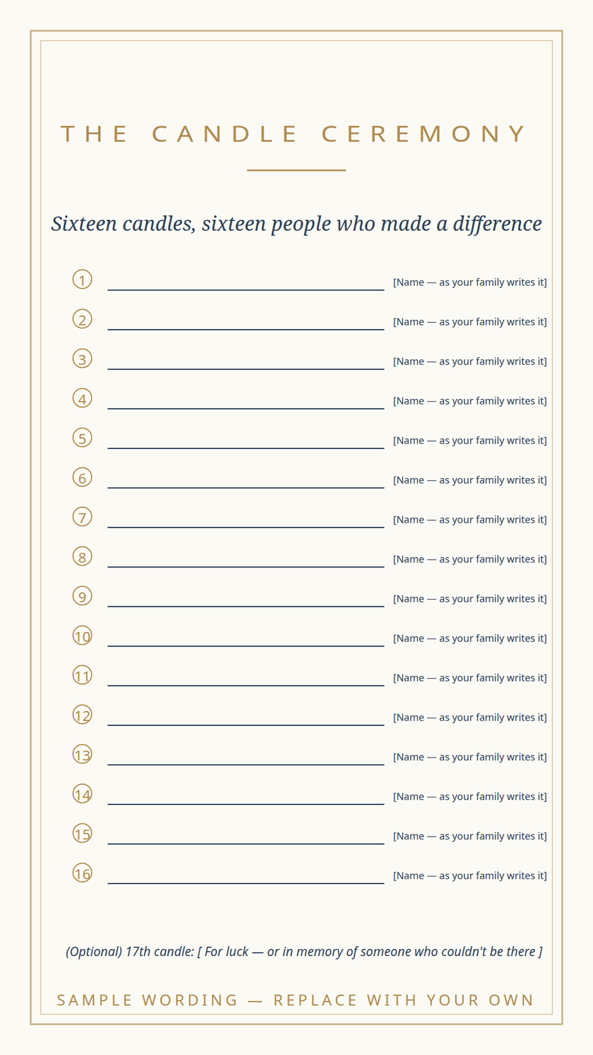 Candle ceremony card template — the sixteen names in order, plus an optional seventeenth line