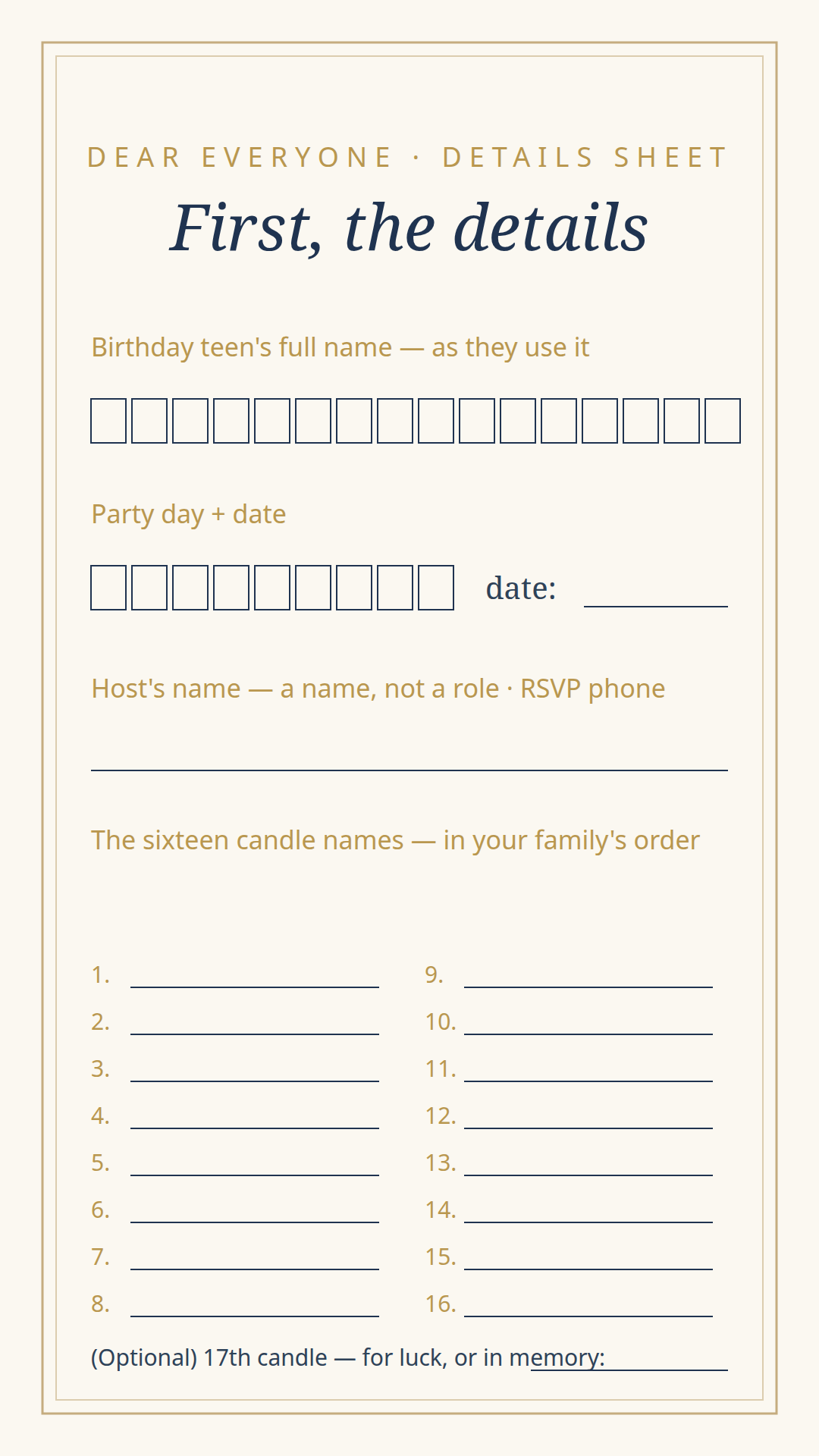 The suite's details sheet — letter-boxed name and date fields with a weekday check