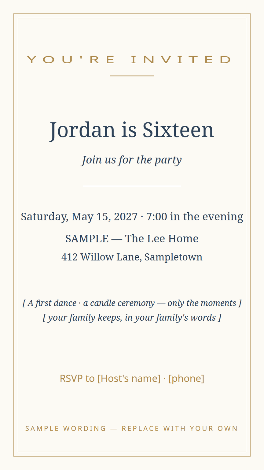 Sweet 16 party invitation card template — date, time, address, and RSVP wording