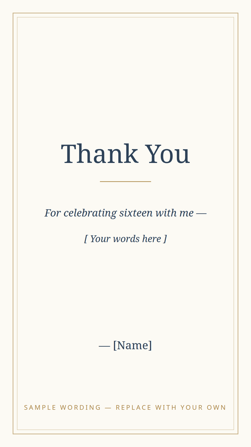 Sweet 16 thank-you card template in the matching design