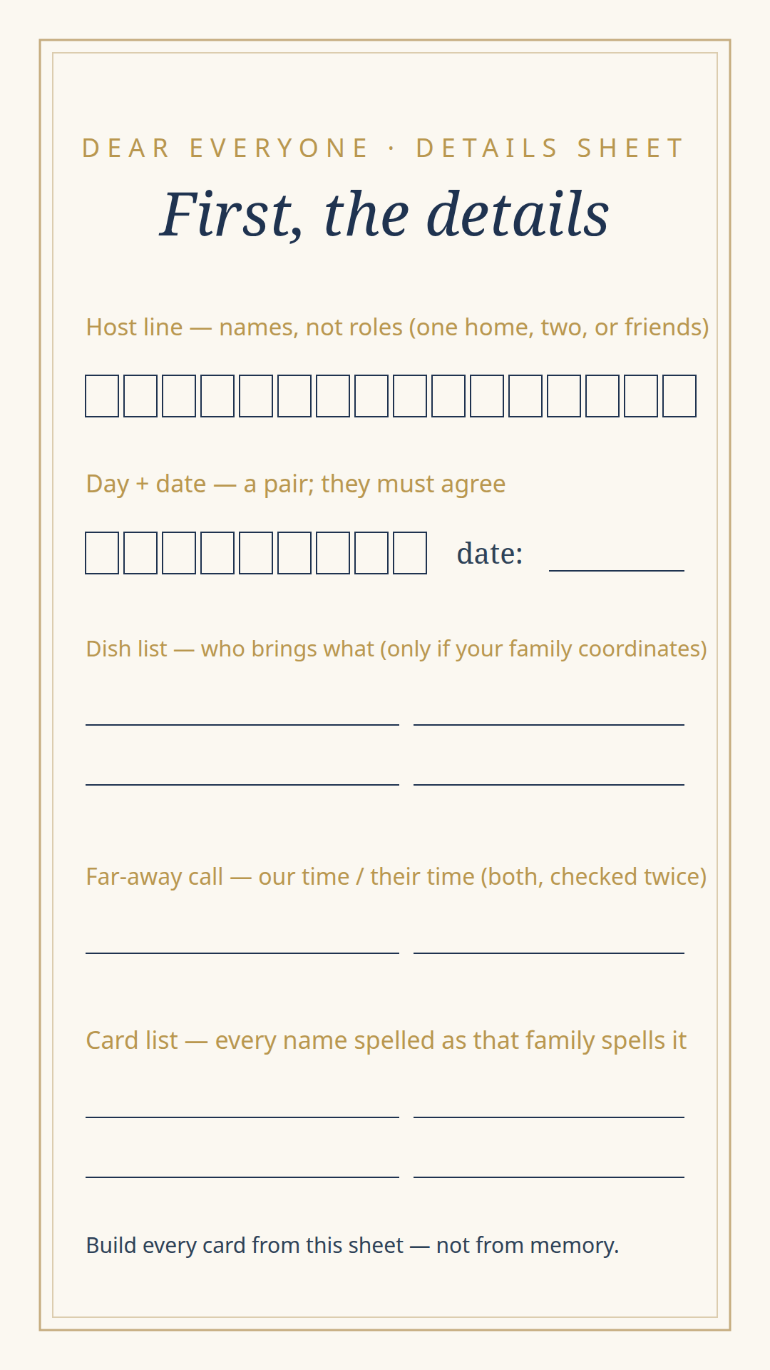 The suite's details sheet — letter-boxed name and date fields with a weekday check