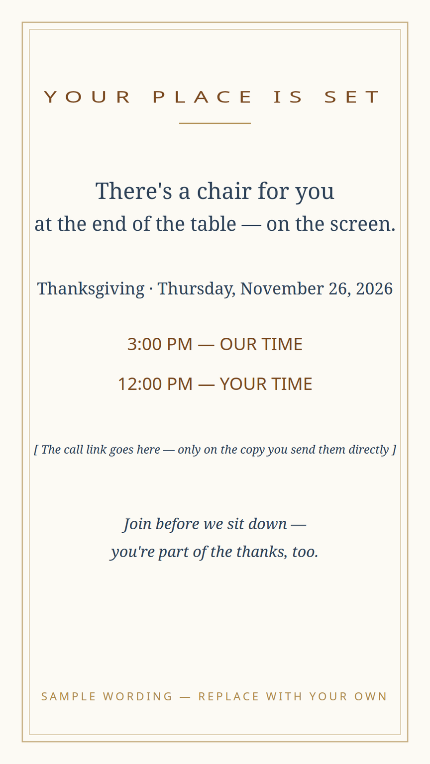 Far-away card template for family joining the Thanksgiving table by video — the time written in both time zones